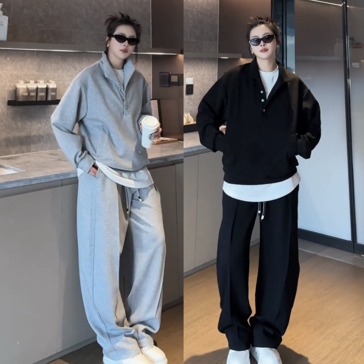 春季男士新款高级绿松石纽扣休闲运动套装情侣同款卫衣卫裤两件套