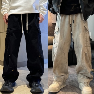 褲 男時(shí)尚 潮牌美式 百搭寬松直筒彎刀休閑褲 復(fù)古大口袋扎染工裝 春季