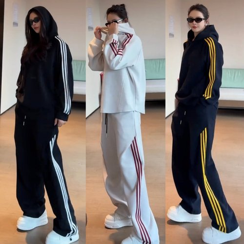 秋季潮牌撞色三条杠连帽休闲套装
