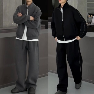 春季美式潮牌重磅太空棉休闲运动套装男士百搭夹克卫衣卫裤两件套