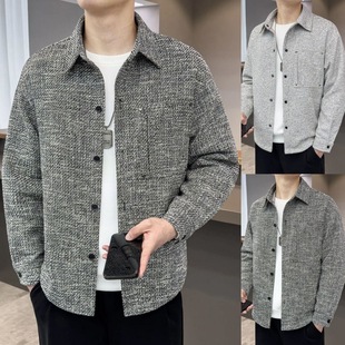 新款 百搭情侣款 男士 夹克时尚 小香风外套 轻奢编织毛呢翻领长袖 春季