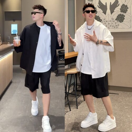 夏季男士潮牌可拆卸连帽休闲套装