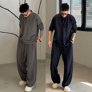 春夏高级感老钱风休闲运动套装男士百搭亲肤透气圆领T恤长裤两件