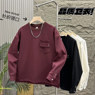 秋季新款高级感按扣袖口针织领口圆领卫衣时尚百搭男女款打底上衣