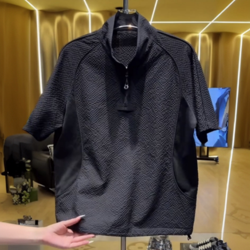 夏季高档拼接网眼立领POLO衫短袖