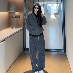 秋冬美式潮牌加绒加厚银丝斜条纹休闲套装男女同款卫衣卫裤两件套