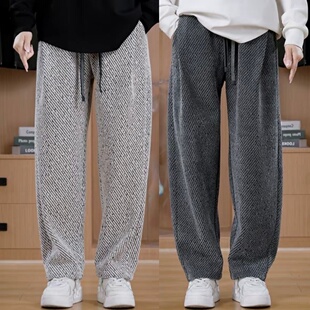 百搭加绒加厚阔腿运动卫裤 秋冬潮牌银丝斜条纹弯刀直筒休闲裤 男士