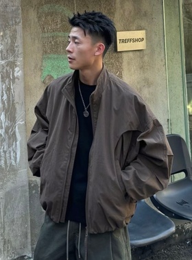 秋季美式潮牌弯刀廓形立领飞行夹克男士痞帅户外百搭纯色休闲外套