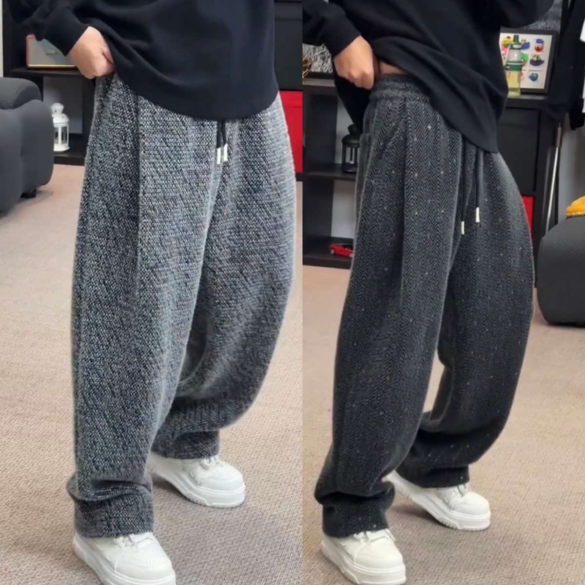 秋冬新款加厚绒面条纹直筒休闲裤