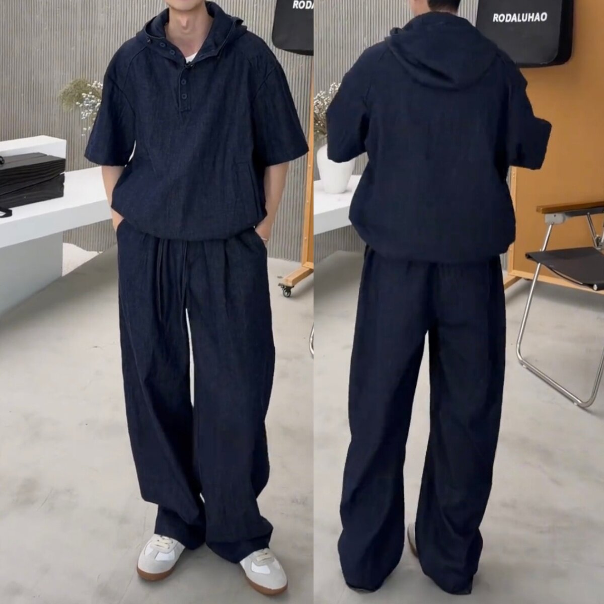 春夏季天丝棉麻牛仔连帽休闲套装男女同款透气半袖衬衣直筒裤两件