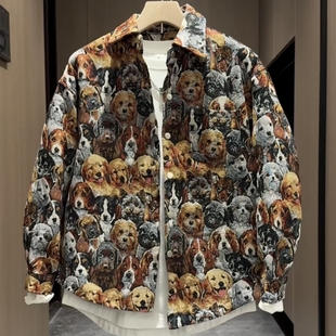 秋冬新款小狗编织提花燕尾翻领夹克男女同款夹棉加厚保暖棉服外套