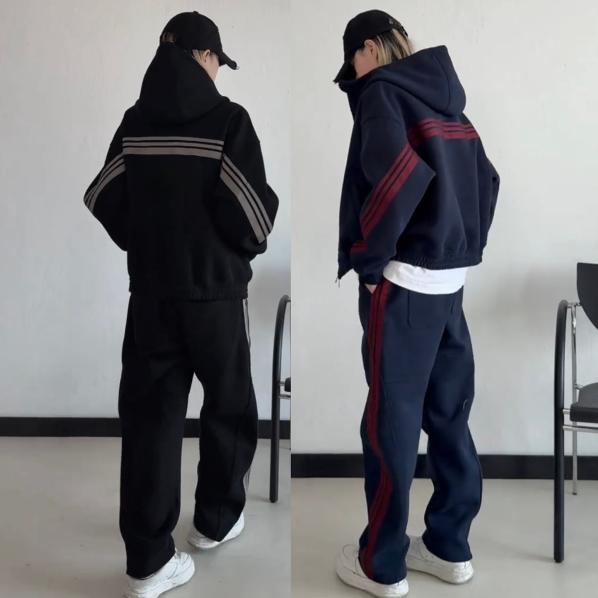 秋冬季潮牌重磅针织条纹休闲运动套装男女同款连帽卫衣长裤两件套