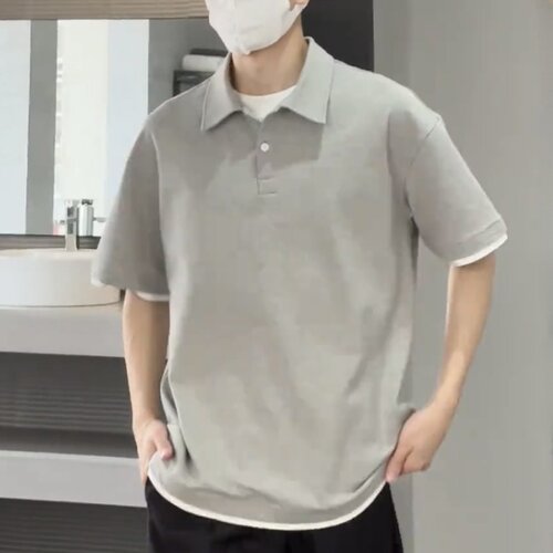 夏季男士潮拼接假两件翻领polo衫