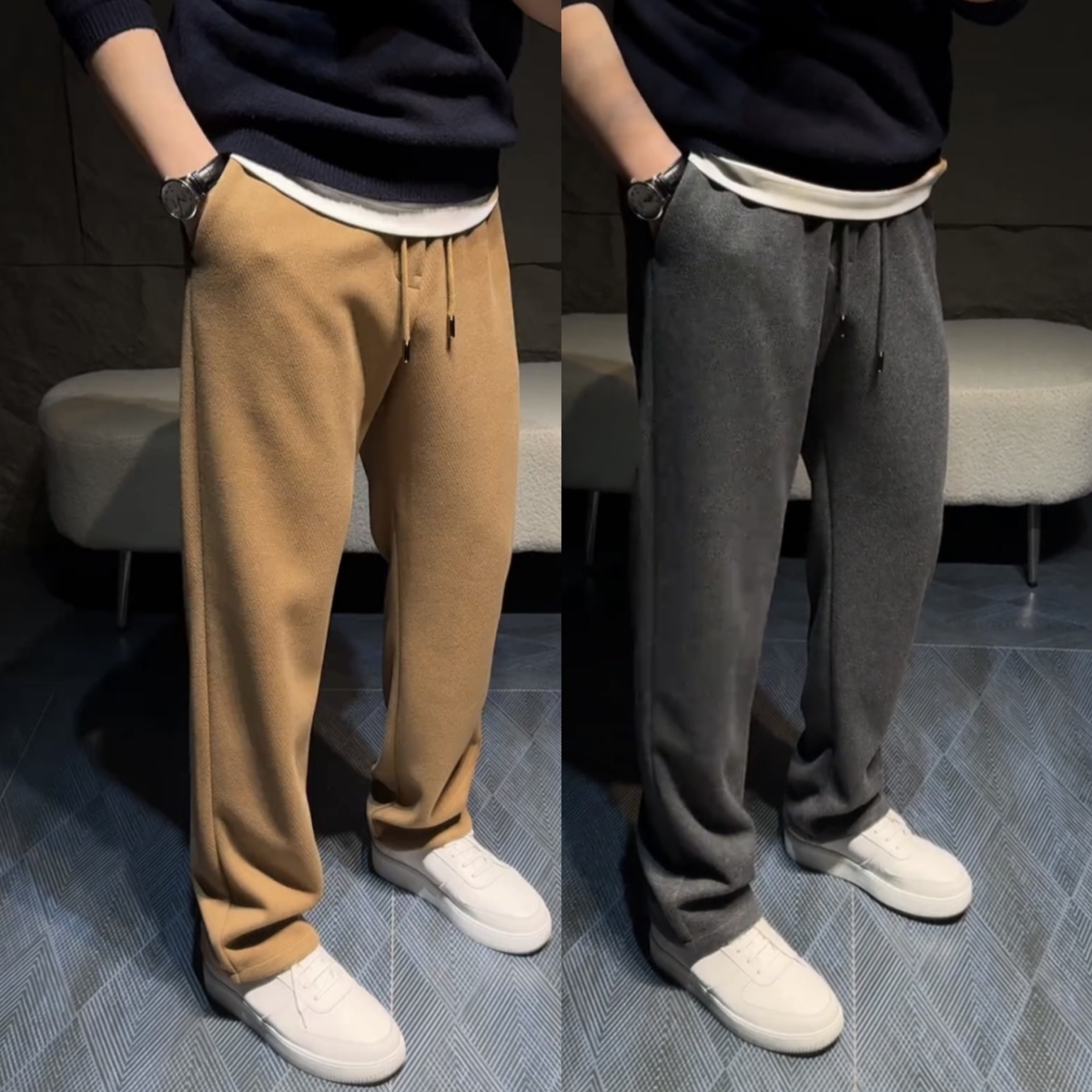 秋冬男士高档山羊绒加厚保暖针织休闲裤简约百搭纯色直筒运动卫裤