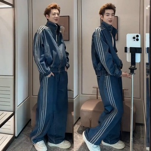 春秋重磅水洗复古条纹牛仔套装男女款时尚立领夹克外套长裤两件套