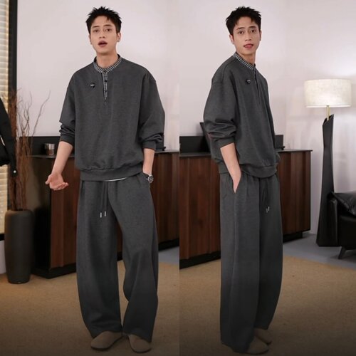 春季复古假两件格纹拼接休闲套装