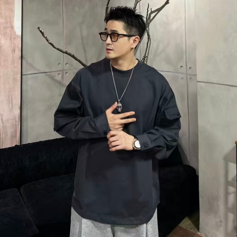 秋季潮牌设计感袖边口袋圆领卫衣