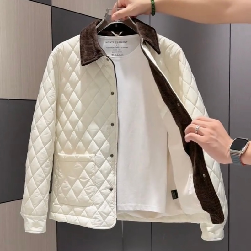 秋冬男士高档菱形格翻领棉服夹克