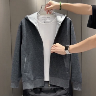 秋季高级感拼接拉链连帽开衫卫衣男简约百搭宽松透气纯色夹克外套