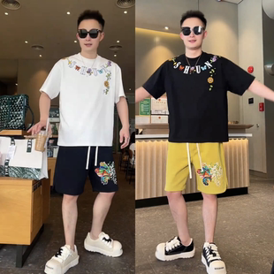 夏季美式潮牌重工刺绣休闲运动套装男女款时尚百搭短袖短裤两件套