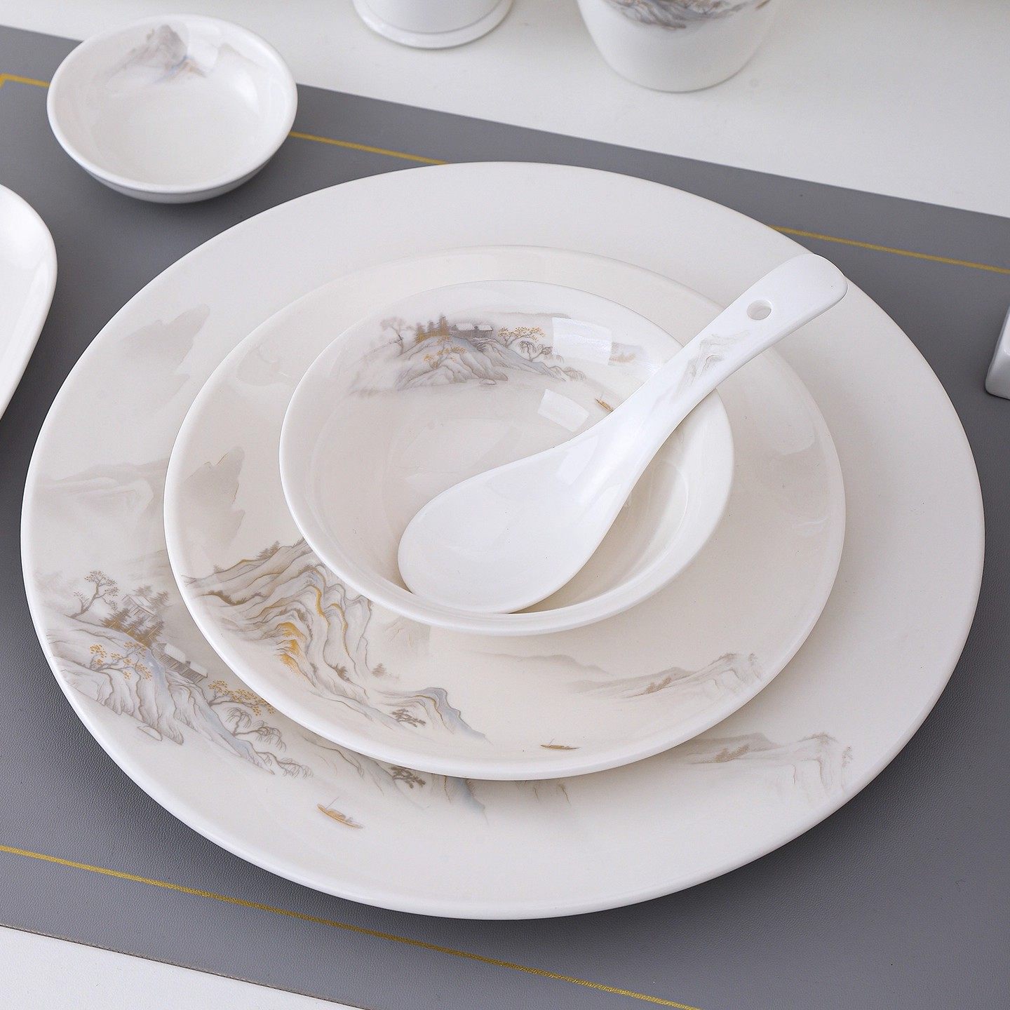 国风山水陶瓷骨碟汤碗勺套装酒店餐厅摆台餐具饭店包间招待七件套