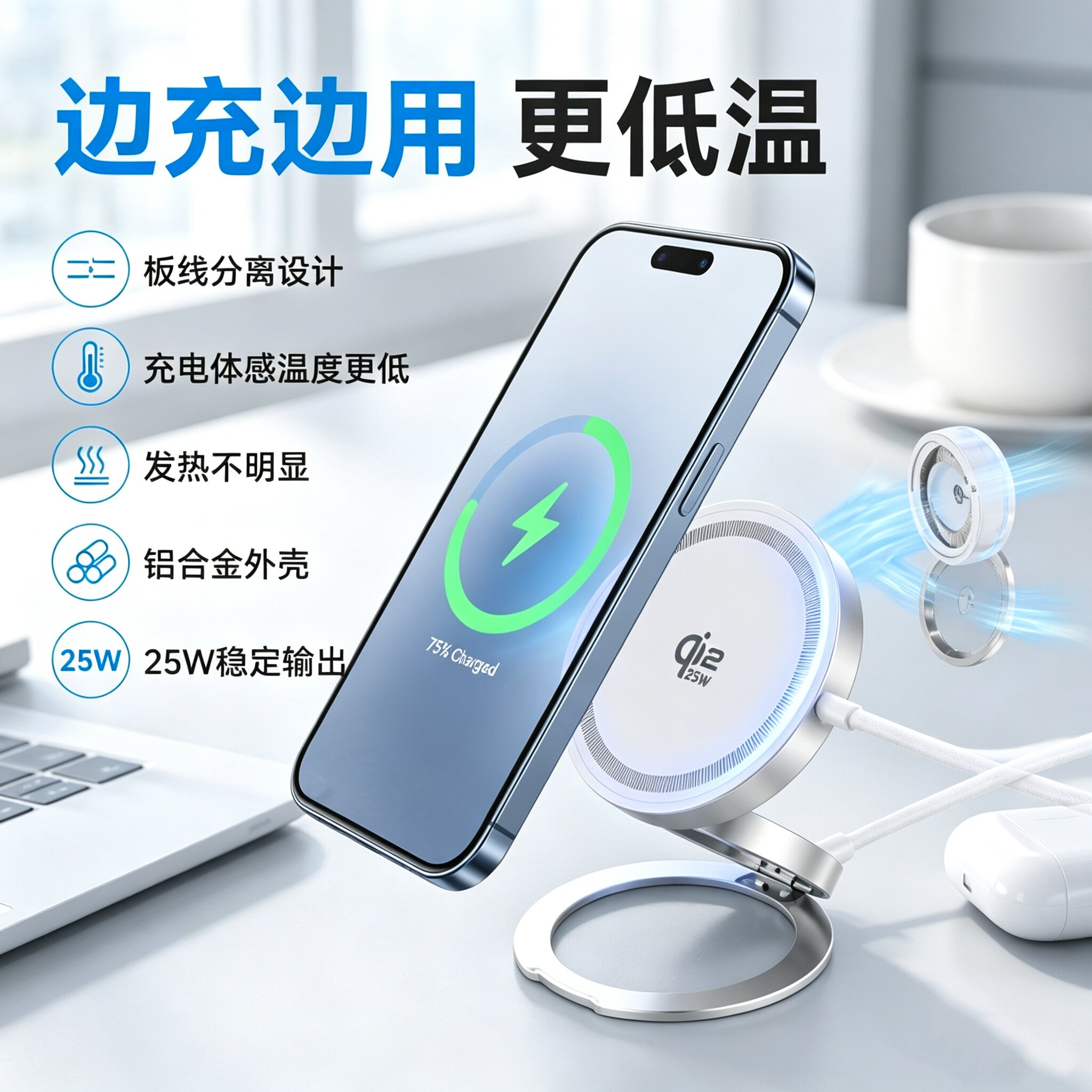 25w磁吸无线充电器qi2.2适用于iphone17/16pro/max15plus/14p/13/12magsafe苹果专用耳机快充支架底座充电线图片