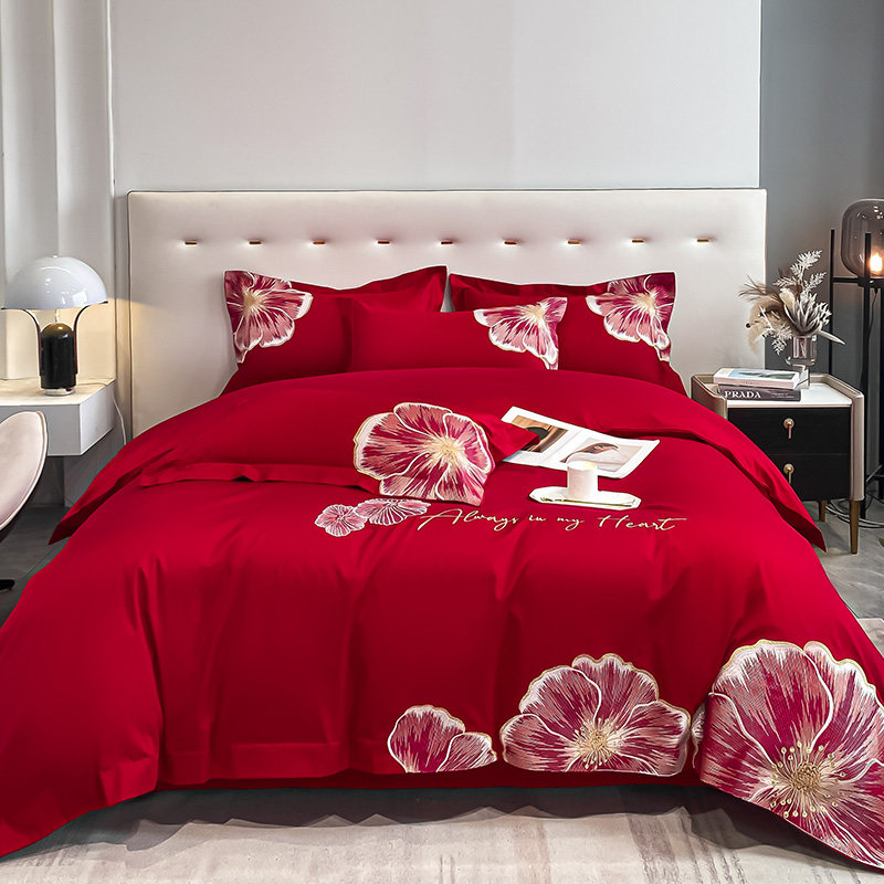 公主风红色140支全棉四件套床单高端刺绣被套纯棉结婚庆床上用品