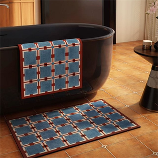 蓝色中古卫生间地垫美式硅藻泥浴室吸水防滑垫门口厕所洗手池脚垫