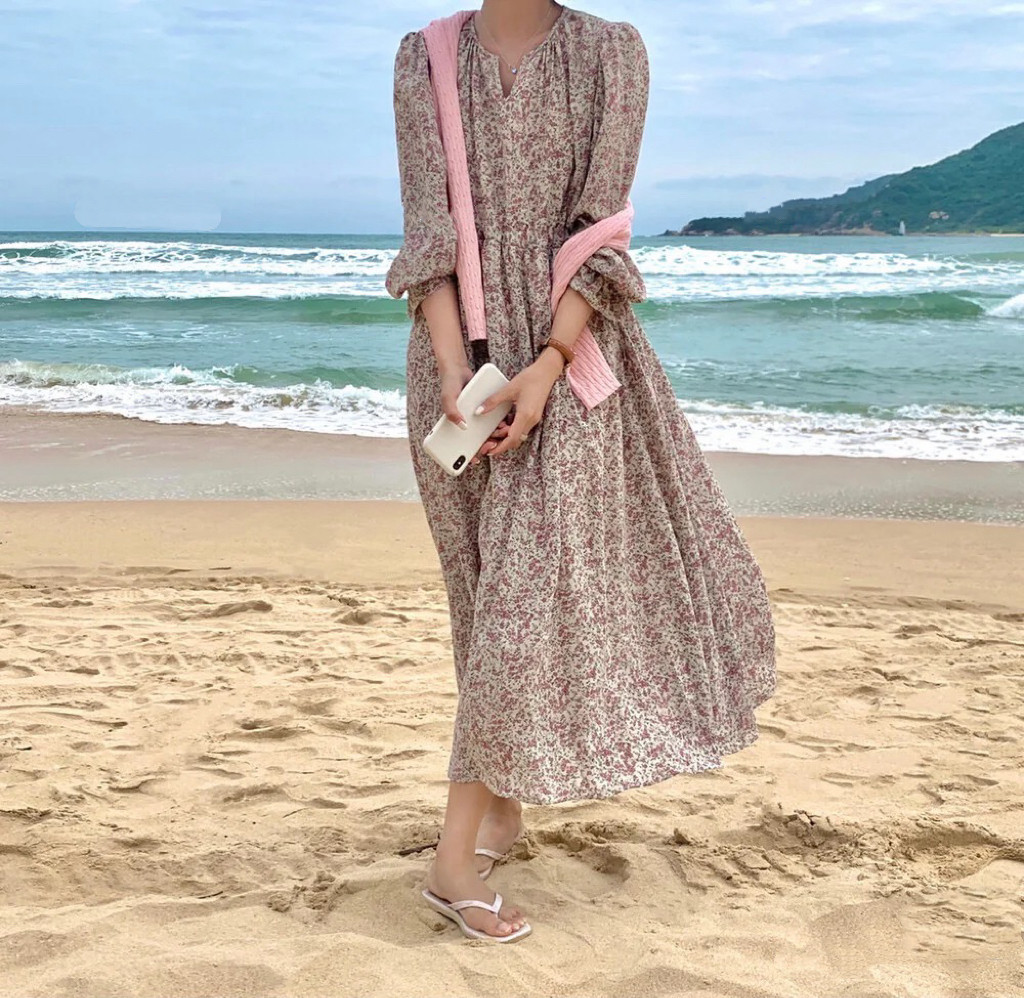 城许碎花雪纺连衣裙女2025春秋新款长袖设计感小众女神范超仙气质