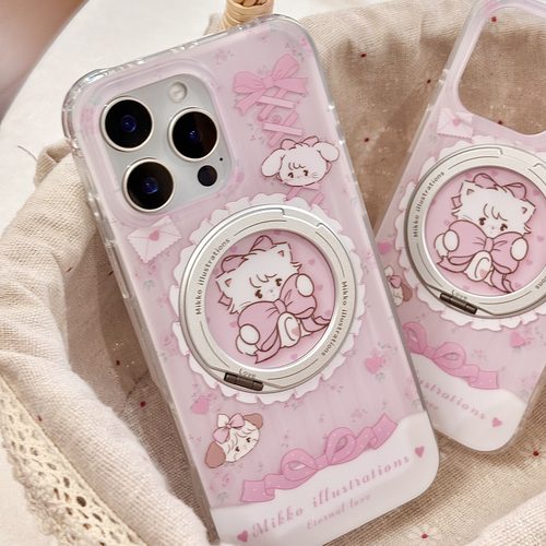 mikko联名可爱小手机立体折叠旋转磁吸支架适用苹果16promax粉色手机壳iPhone15少女心全包软边透明框保护壳
