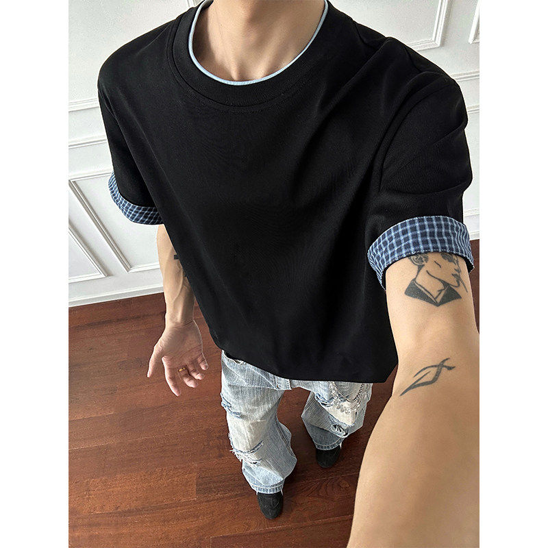 格子撞色可翻折短袖T恤男女夏季文艺两穿时尚百搭潮款