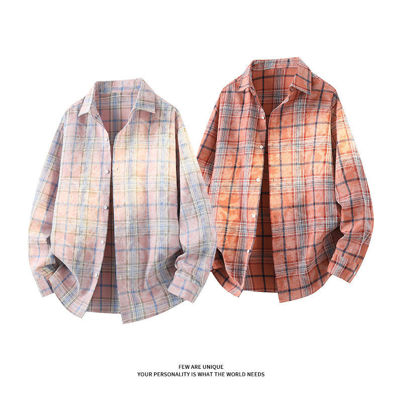 2026年春季新款扎染格子衬衫复古长袖外套男女时尚