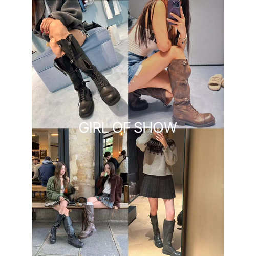 GIRL OF SHOW 26SS 黑色做旧多扣骑士靴女粗跟厚底不过膝高筒靴