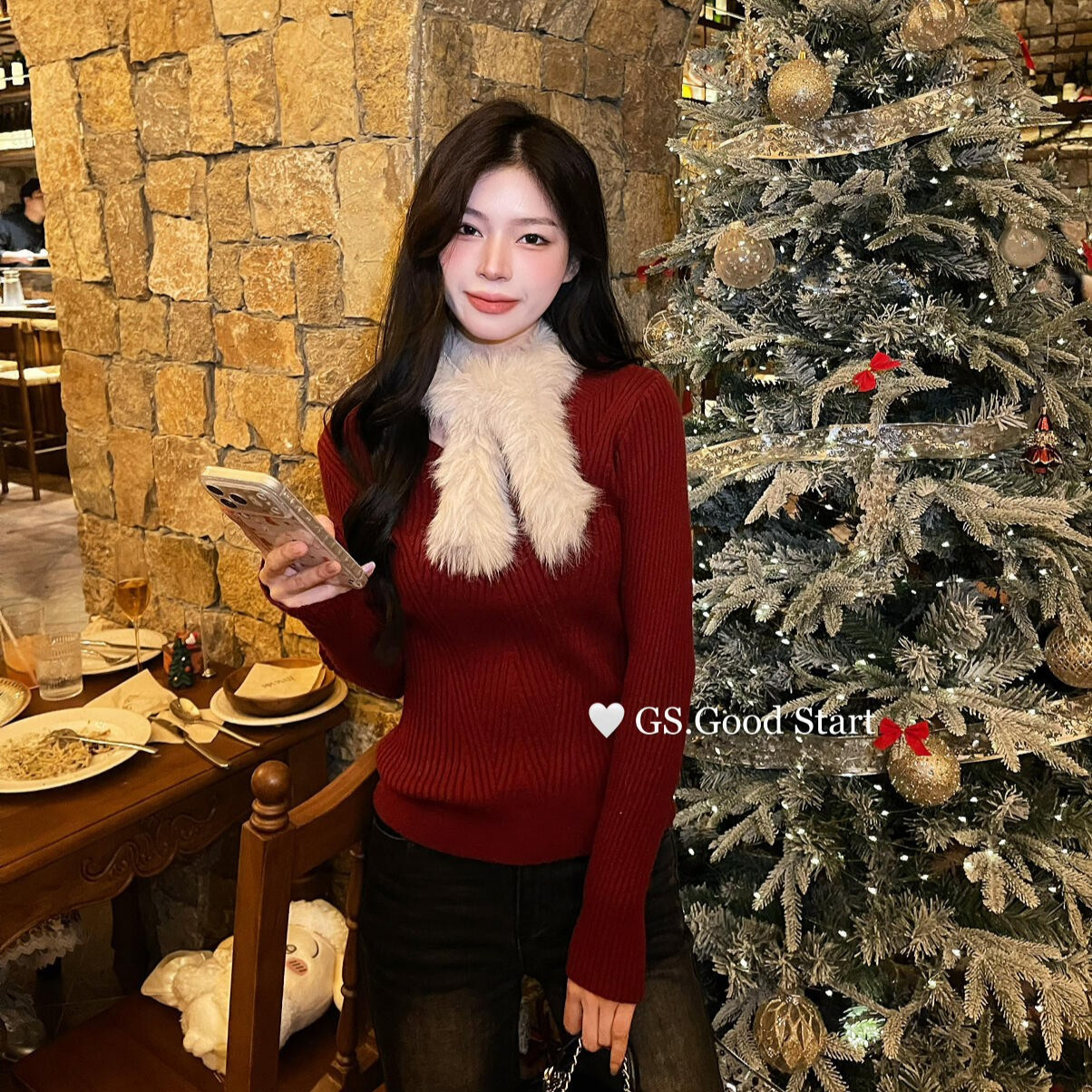 GS.GOOD START秋冬氛围感简约修身显瘦长袖针织衫女G7792(配毛领)