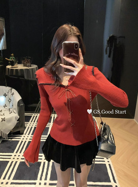 GS.GOOD START 秋冬法式气质纯欲风修身绑带翻领长袖针织衫G7762