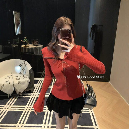 GS.GOOD START 秋冬法式气质纯欲风修身绑带翻领长袖针织衫G7762