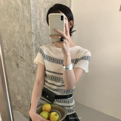 MZI STUDIO 2026夏季韩系提花软糯修身显瘦套头短袖针织衫A80005