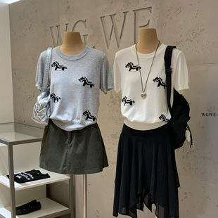 WGWE 韩系设计感小马提花图案短袖针织衫女夏季宽松休闲百搭T恤