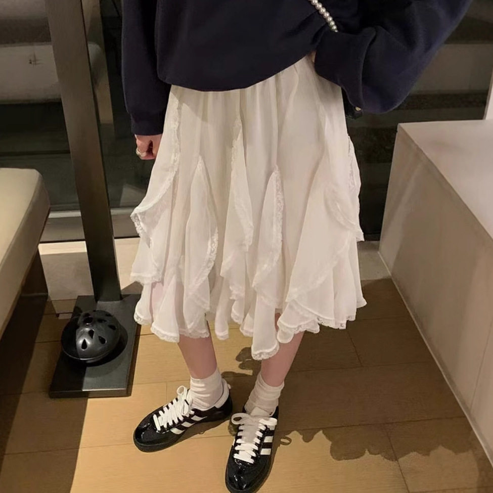 U粒 韩系雪纺花瓣百褶短裙女春秋小个子不规则荷叶边蛋糕裙半身裙
