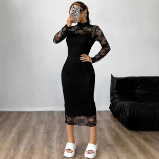 吊带裙2件 派对连衣裙长袖 性感透视女士两件套长袖 连衣裙高领修身