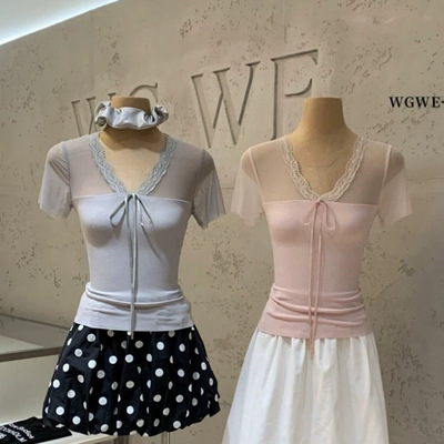 WGWE2026夏季纯欲风气质蕾丝拼接蝴蝶结系带V领短袖上衣女W9443