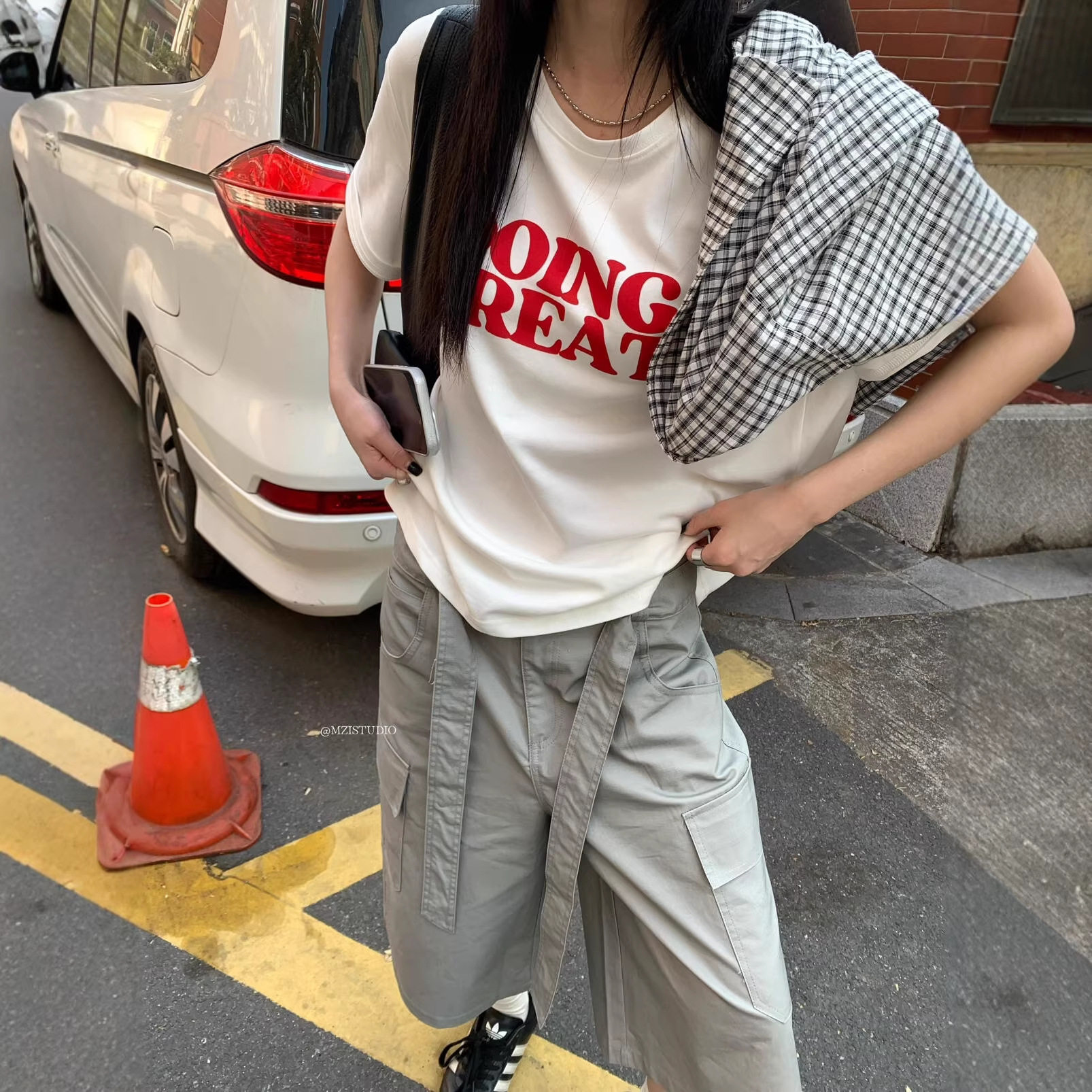 MZI STUDIO 韩国东大门简约基础款字母印花休闲圆领短袖T恤66385