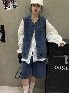 两件套装 忆古2026时尚 腿牛仔裤 五分裤 欧货 洋气减龄复古牛仔马甲