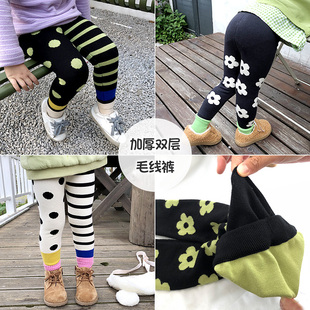 女童初冬打底裤外穿2023新款宝宝双层毛线裤洋气儿童修身针织裤子