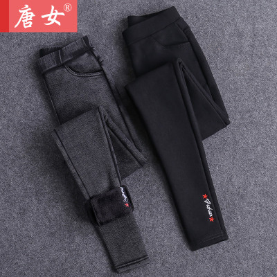 刺绣春秋冬季小脚黑色加绒打底裤