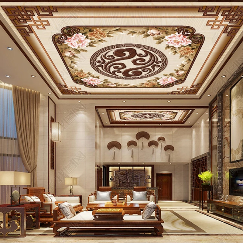 古典中式明清牡丹花天花吊顶定制壁画天顶天台墙纸复古荷花壁纸,家装主材,定制壁画,淘宝优惠券,粉丝福利购,淘宝优惠卷