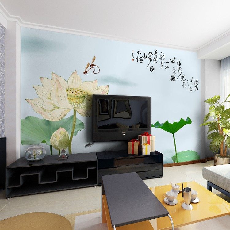 订制环保电视背景墙纸中式壁画荷花国画墙衣无纺布客厅沙发壁纸,家装主材,定制壁画,淘宝优惠券,粉丝福利购,淘宝优惠卷