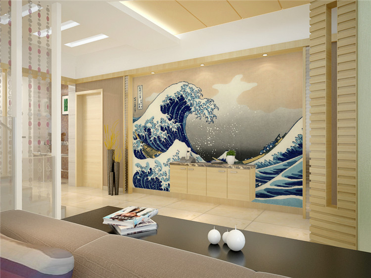 日式墙纸和风料理店寿司背景墙壁画浮世绘神奈川海浪图日本壁纸