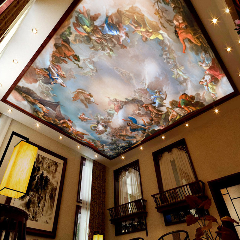 油画天使教堂大型壁画墙纸吊顶天花板欧式酒店顶面希腊神话壁纸