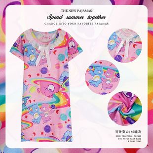 爱心小熊CareBears儿童睡裙花边睡衣 夏季小孩女孩子家居裙连衣裙